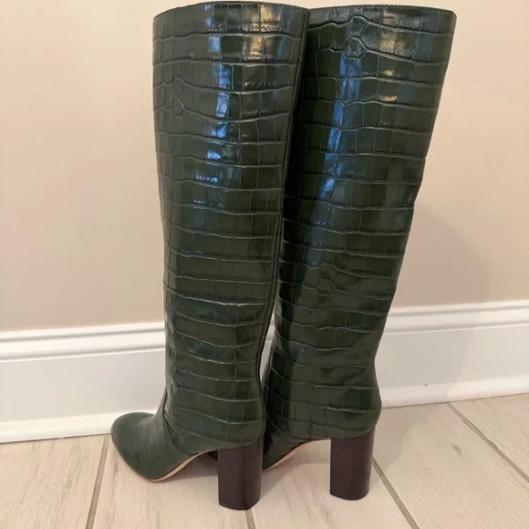 Loeffler Randall Tall Goldy Leather Croc Forest Green Heel Knee Boot Pull On 6 - Picture 8 of 14